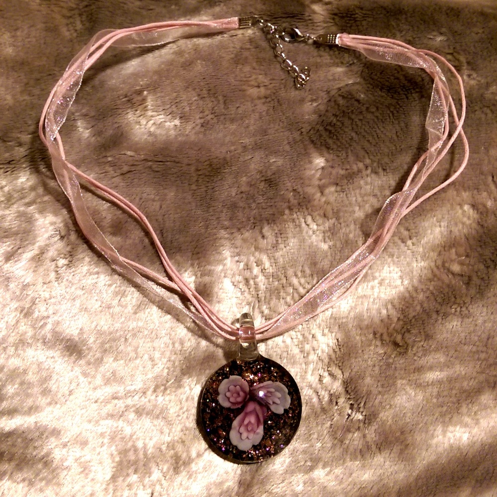 18" Pink Glass 3 flower Pendant Necklace